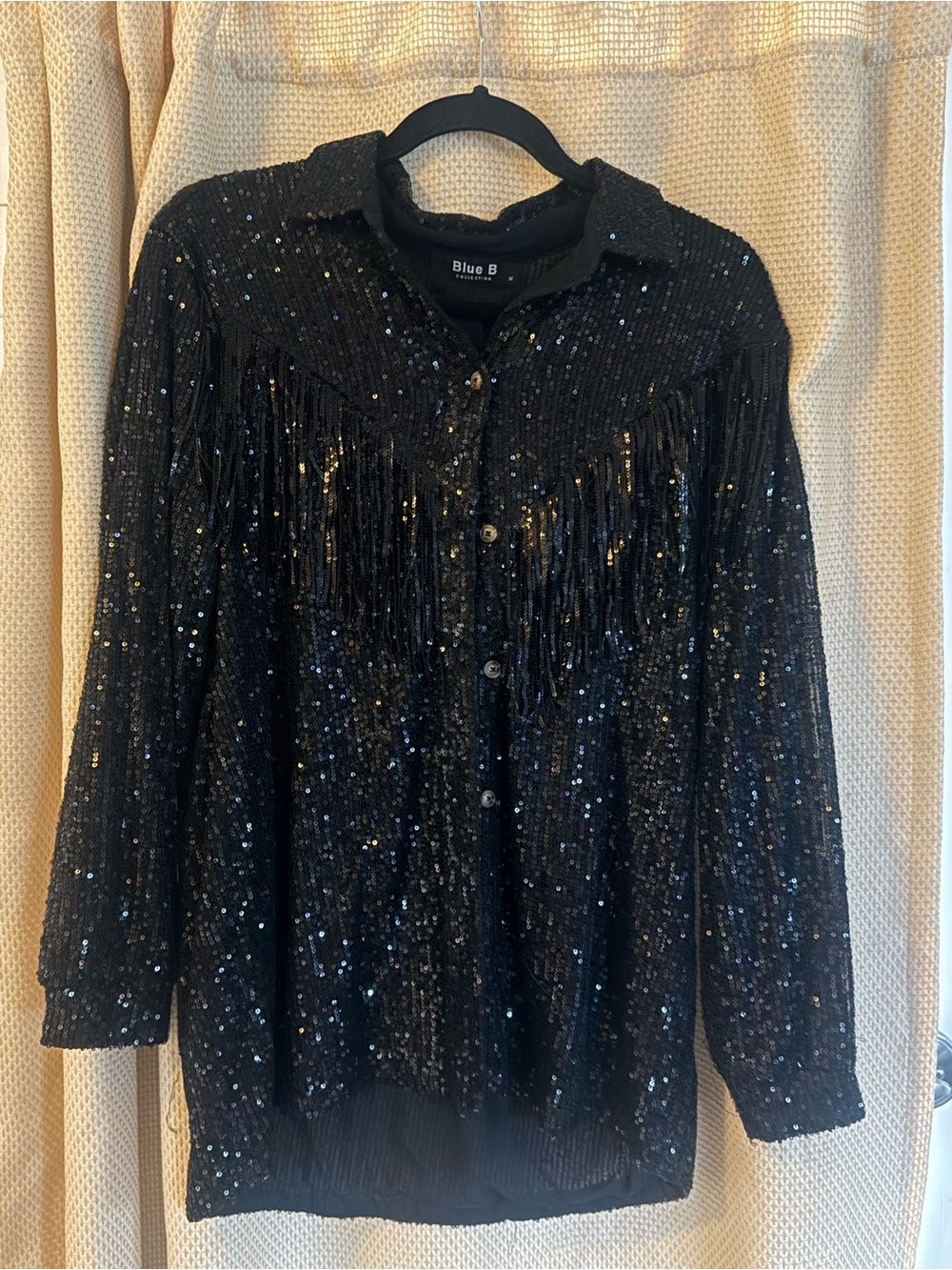 Blue B Black Sequin Fringe Button Down Blouse